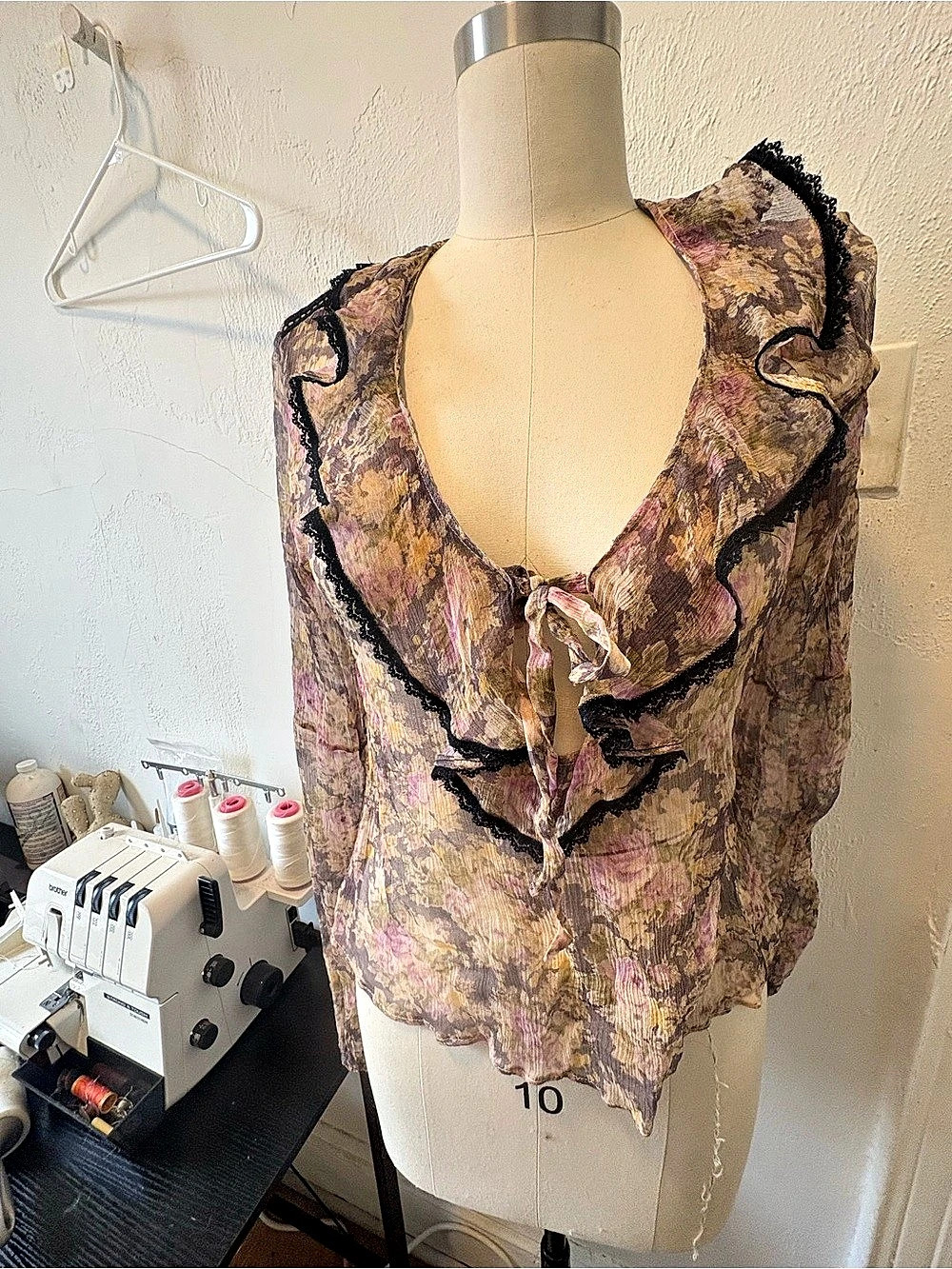 Vintage Floral Ruffle Blouse in Brown & Purple